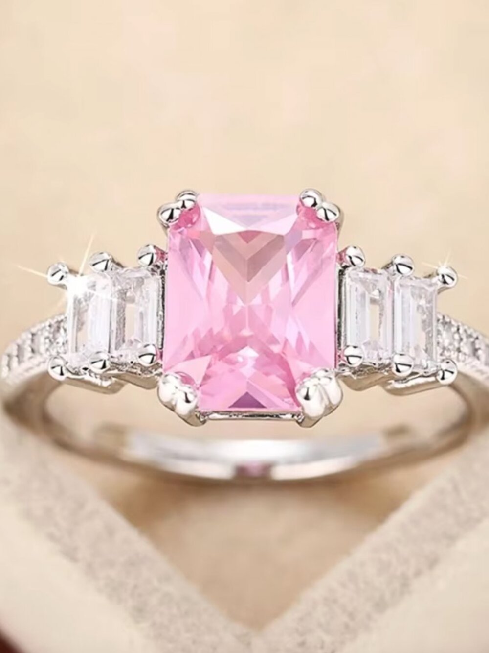 Pink Emerald-Cut Center Stone Three-Stone Ring - Picture 4 of 4